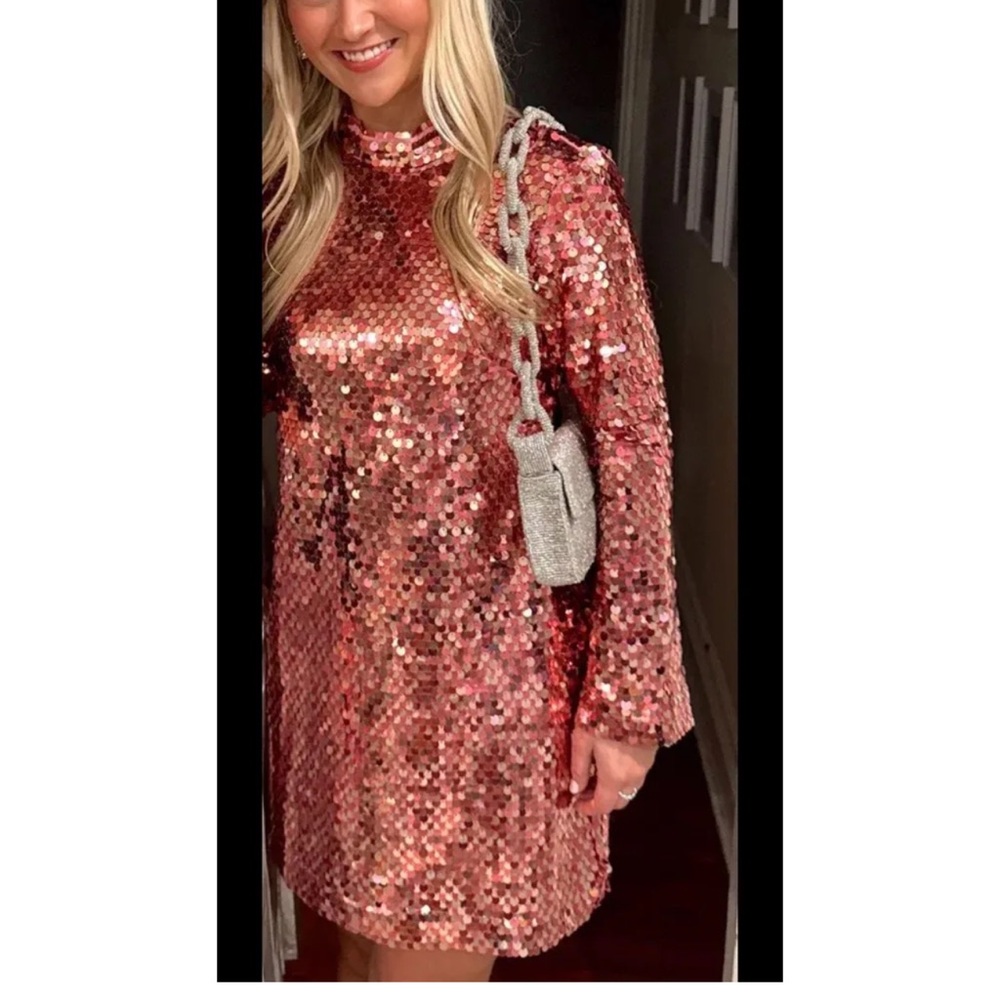 Anthropologie Pink Sequin Long Sleeve Dress